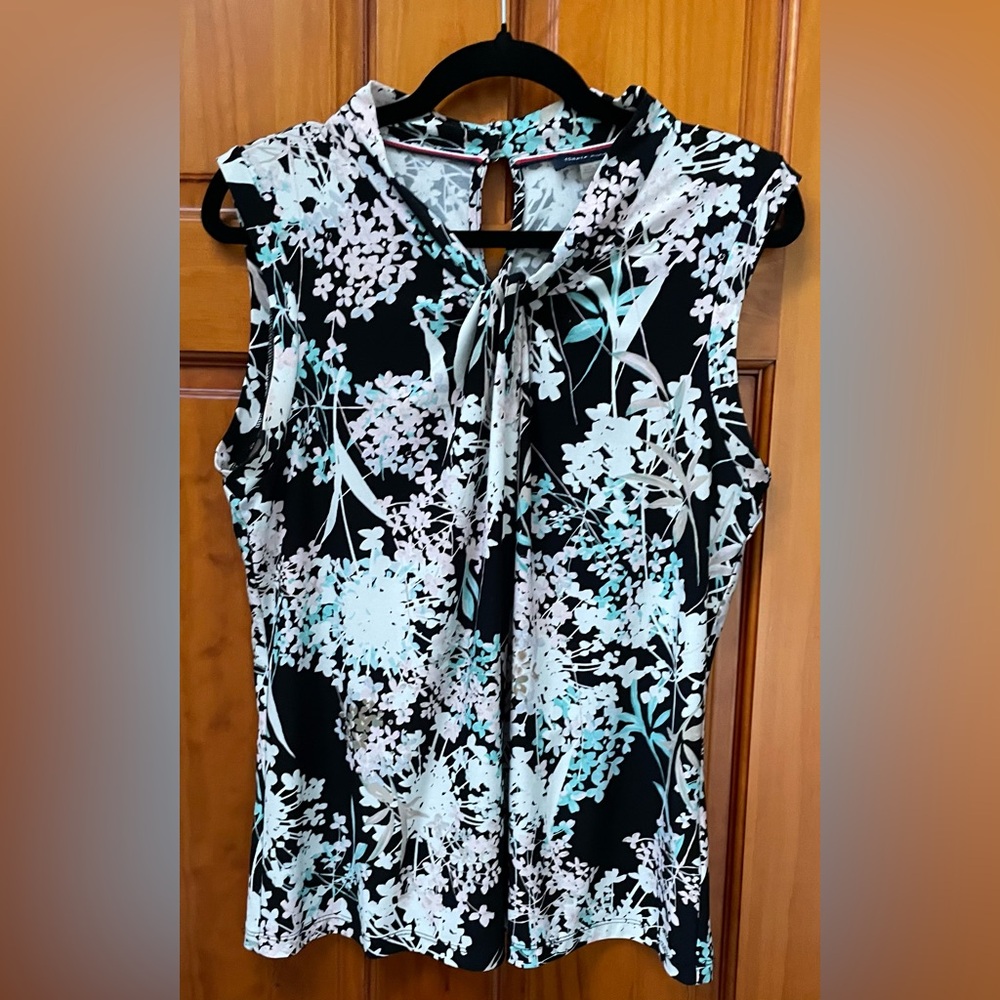 RESERVED VVA Tommy Hilfiger Womens Floral Print Knot Neck Knit Top Black Multi - Picture 3 of 11